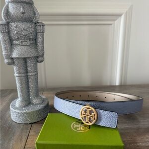Tory Burch Miller Gray/blue Leather Belt with Gold Buckle, 1”, size M